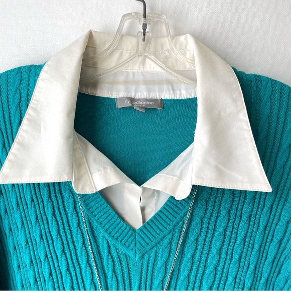NY Collection Woman Teal Sweater Top Attached Collar & Silver Pendant Size 3X - Picture 2 of 12